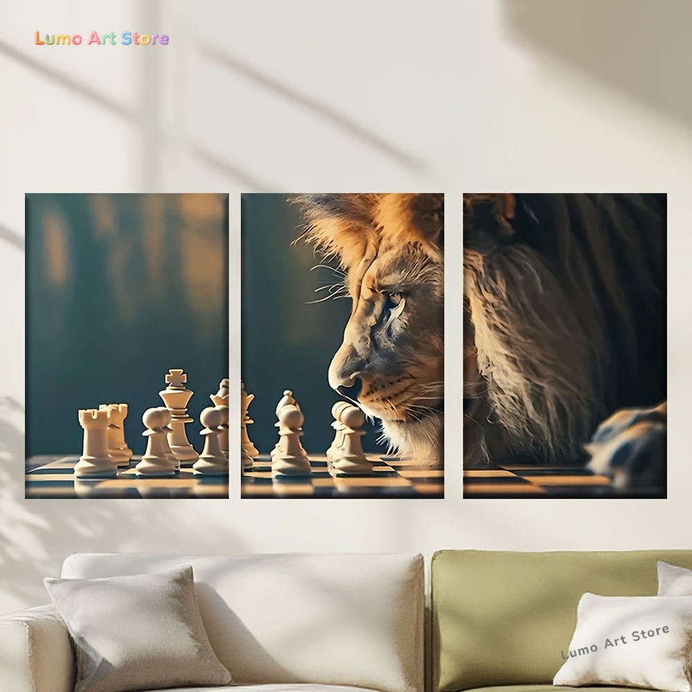 Home Office With Library - 3pcs/set, Canvas painting--Unframed, lion and chess,
