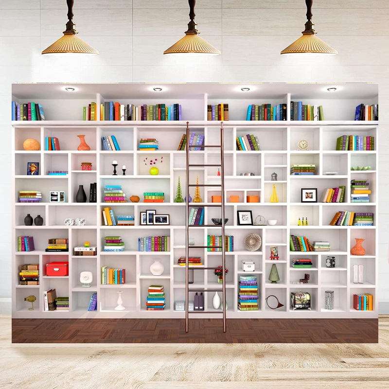 Home Office Background For Zoom - White Bookshelf Photography Backdrop Bookcase Office