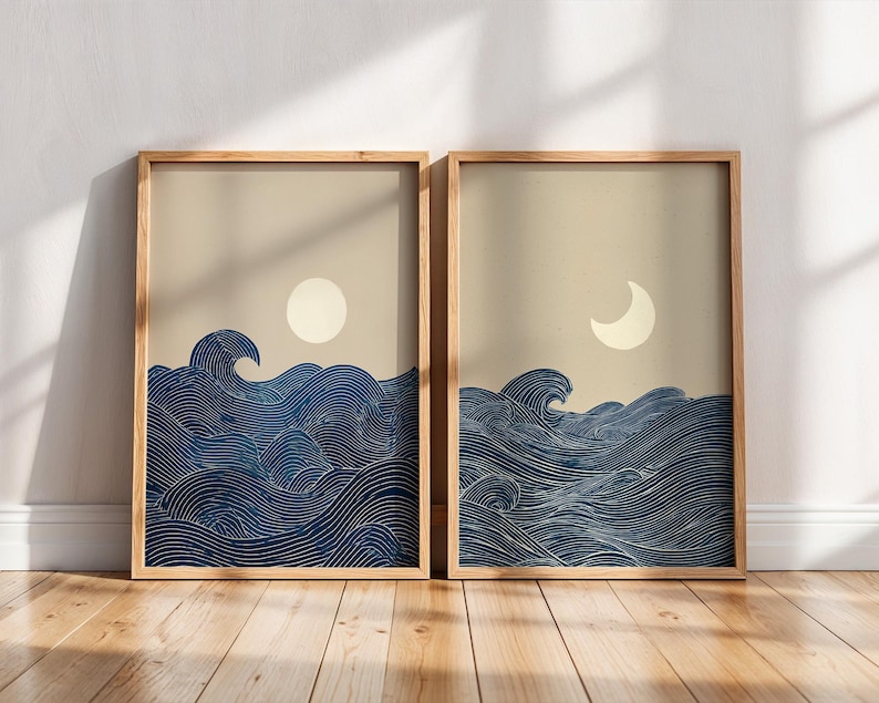 Home Office Minimalist - 2pcs Japandi Minimalist Moon Crescent Canvas